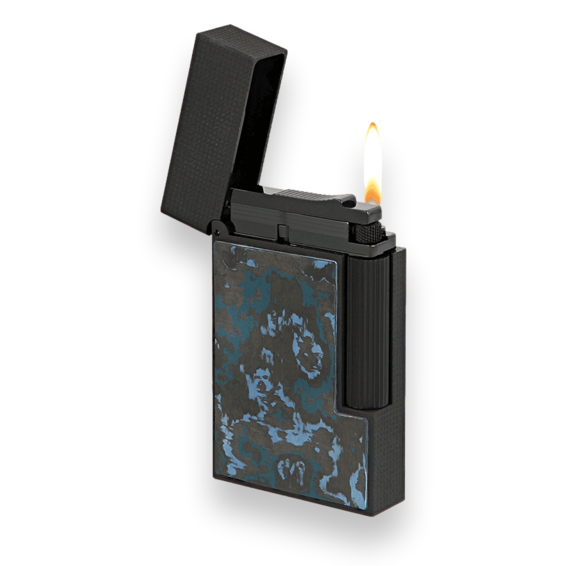 S.T. Dupont Ligne 2 Cigar Lighter - Matte Black and Carbon Animation Series - Glacial Cave - Exterior Side with Flame