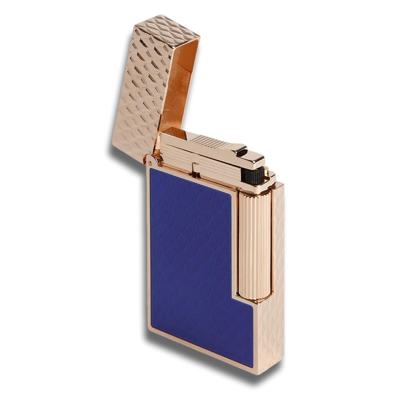 S.T. Dupont Line 2 Soft Flame Cigar Lighter - Perfect Ping Series - Dragon Scales - Blue and Rose Gold - Lid Flipped Open