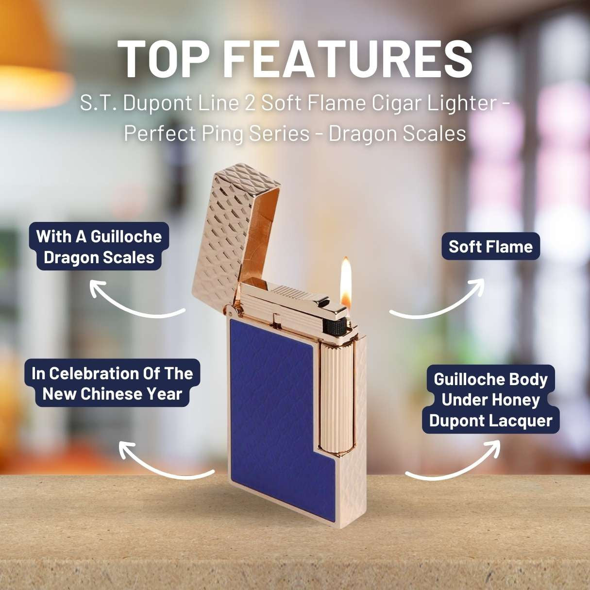 S.T. Dupont Line 2 Soft Flame Cigar Lighter - Perfect Ping Series - Dragon Scales - Blue and Rose Gold - Top Features