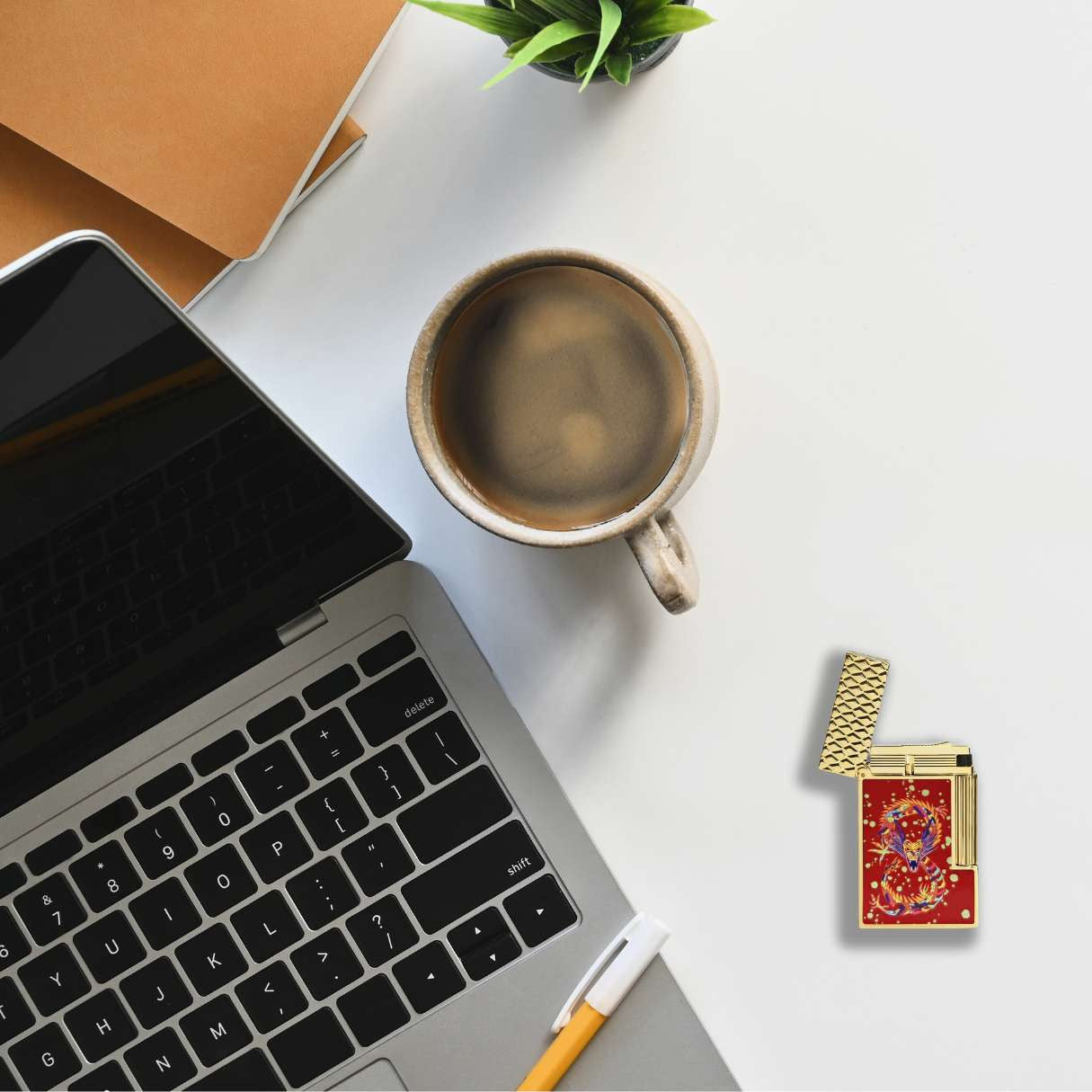 S.T. Dupont Line 2 Soft Flame Cigar Lighter - Perfect Ping Series - Year Of The Dragon - Burgundy and Gold - Flat Lay