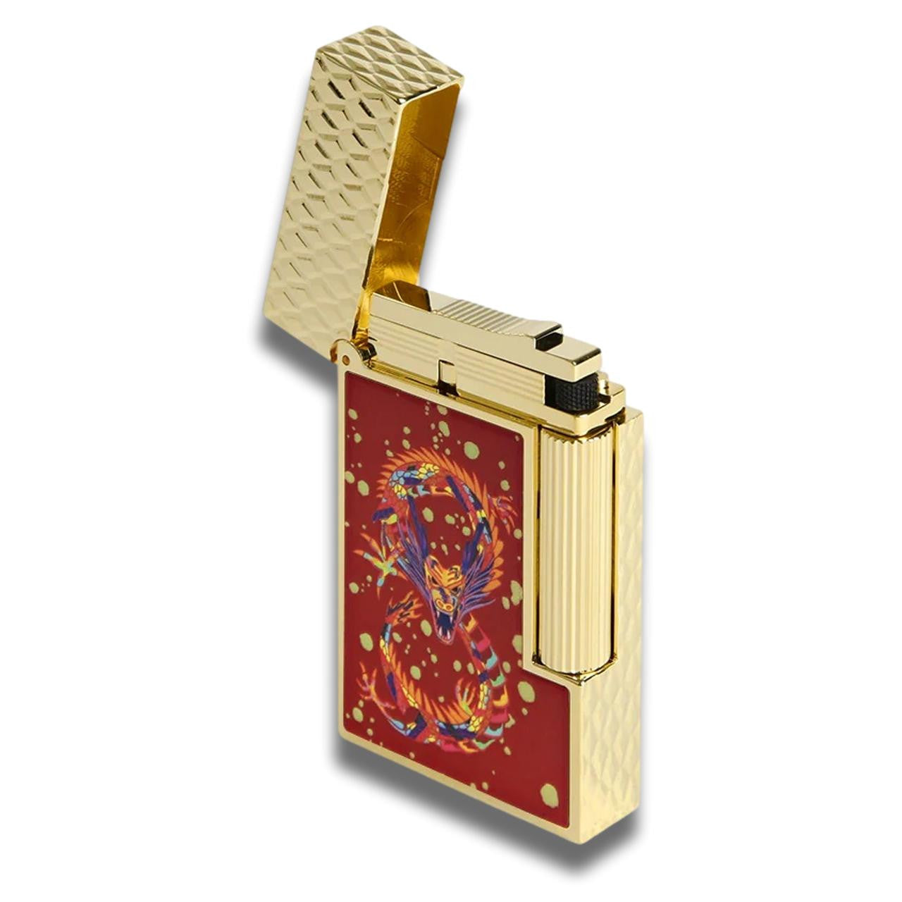 S.T. Dupont Line 2 Soft Flame Cigar Lighter - Perfect Ping Series - Year Of The Dragon - Burgundy and Gold - Left Facing