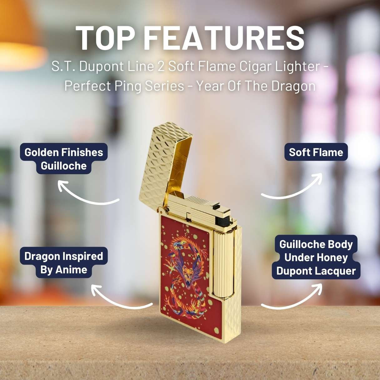 S.T. Dupont Line 2 Soft Flame Cigar Lighter - Perfect Ping Series - Year Of The Dragon - Burgundy and Gold - Top Features