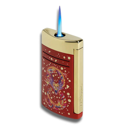 S.T. Dupont Year Of The Dragon Maxijet Torch Flame Single Jet Cigar Lighter - Burgundy and Gold - Flame