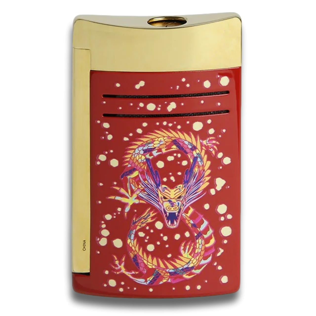 S.T. Dupont Year Of The Dragon Maxijet Torch Flame Single Jet Cigar Lighter - Burgundy and Gold - Front