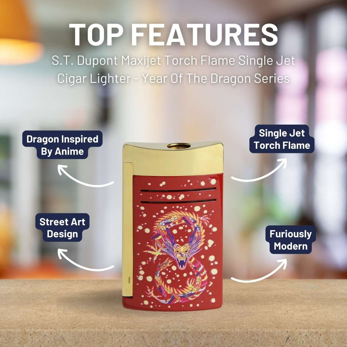 S.T. Dupont Year Of The Dragon Maxijet Torch Flame Single Jet Cigar Lighter - Burgundy and Gold - Top Features
