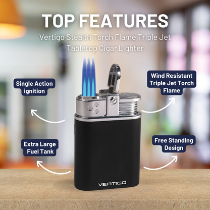 Vertigo Stealth Torch Flame Triple Jet Tabletop Cigar Lighter - Black & chrome - Top Features