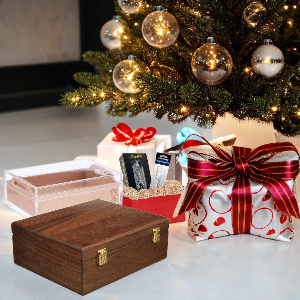 Ultimate Cigar Gift Set - Wood Organizer, Large Humidor, and Torch Lighter