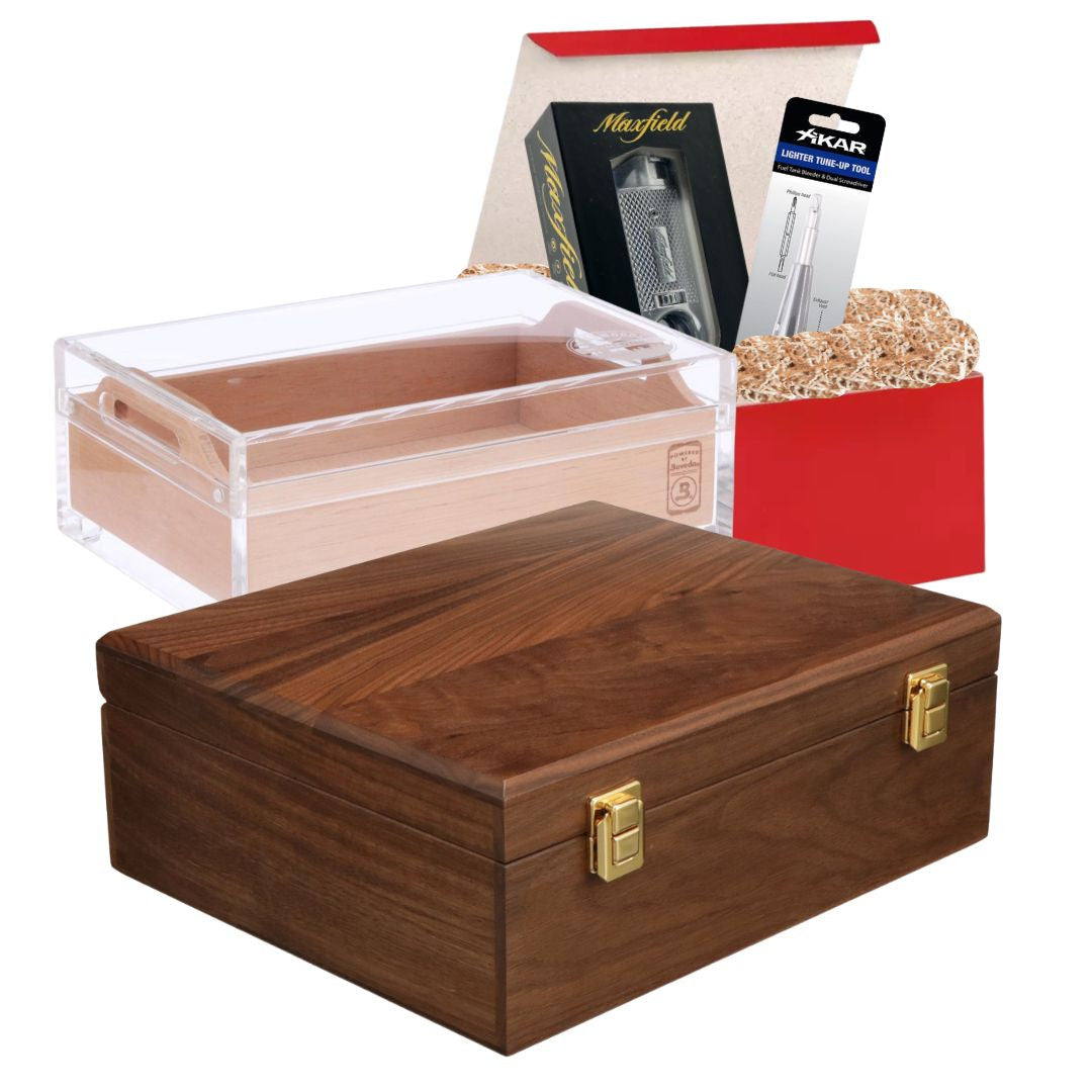 Ultimate Cigar Gift Set - Wood Organizer, Large Humidor, and Torch Lighter