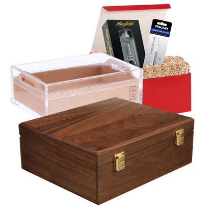 Ultimate Cigar Gift Set - Wood Organizer, Large Humidor, and Torch Lighter