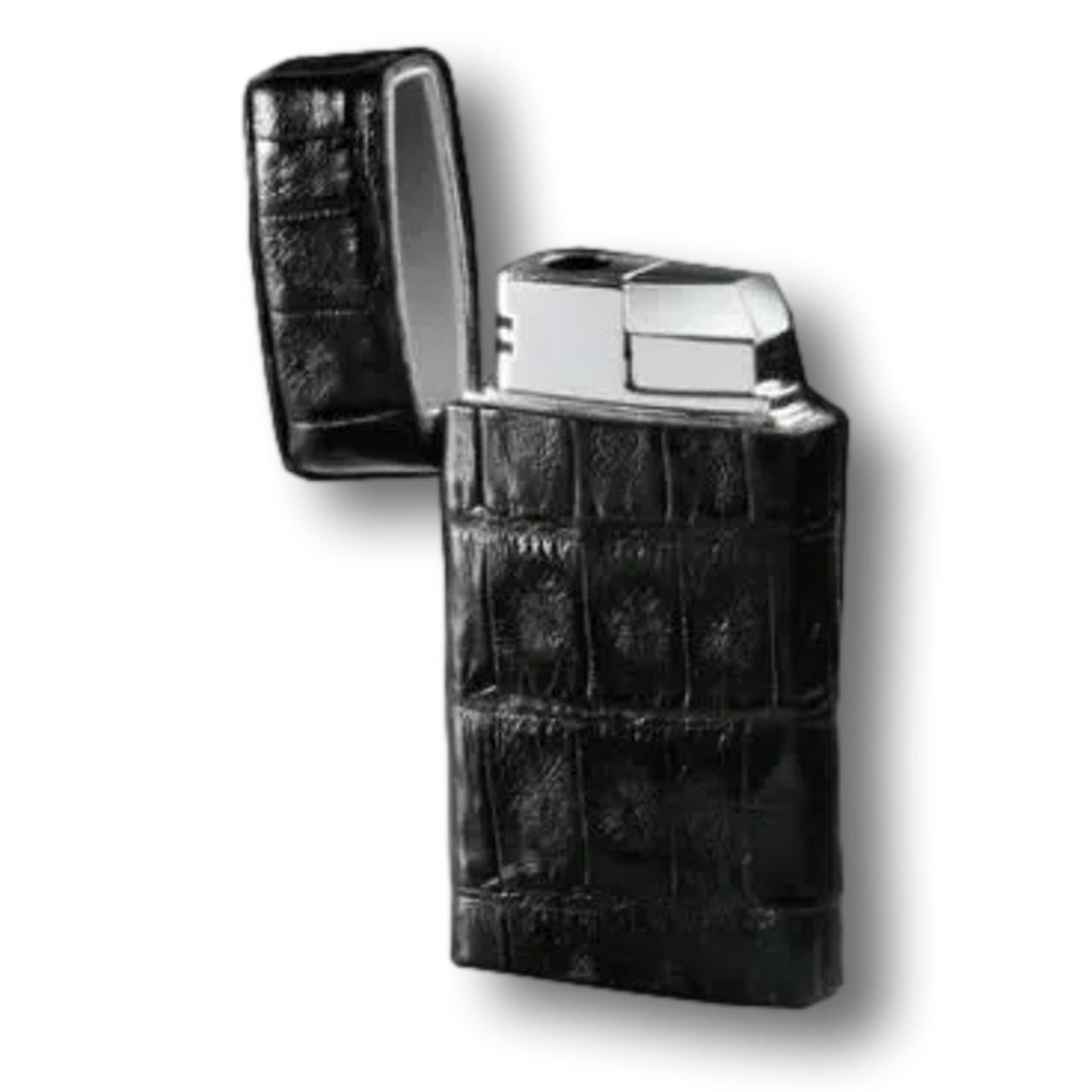 Brizard & Co Crocodile Black Venezia Torch Flame Single Jet Cigar Lighter - Lid Flipped Open