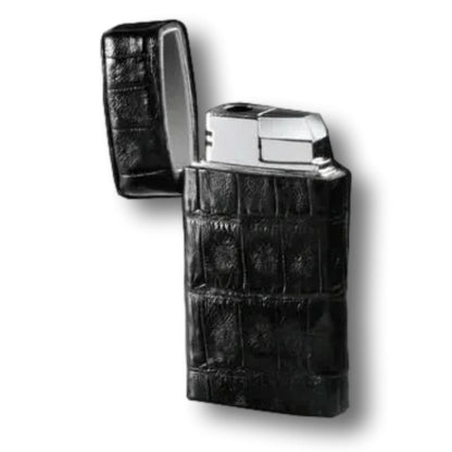Brizard & Co Crocodile Black Venezia Torch Flame Single Jet Cigar Lighter - Lid Flipped Open