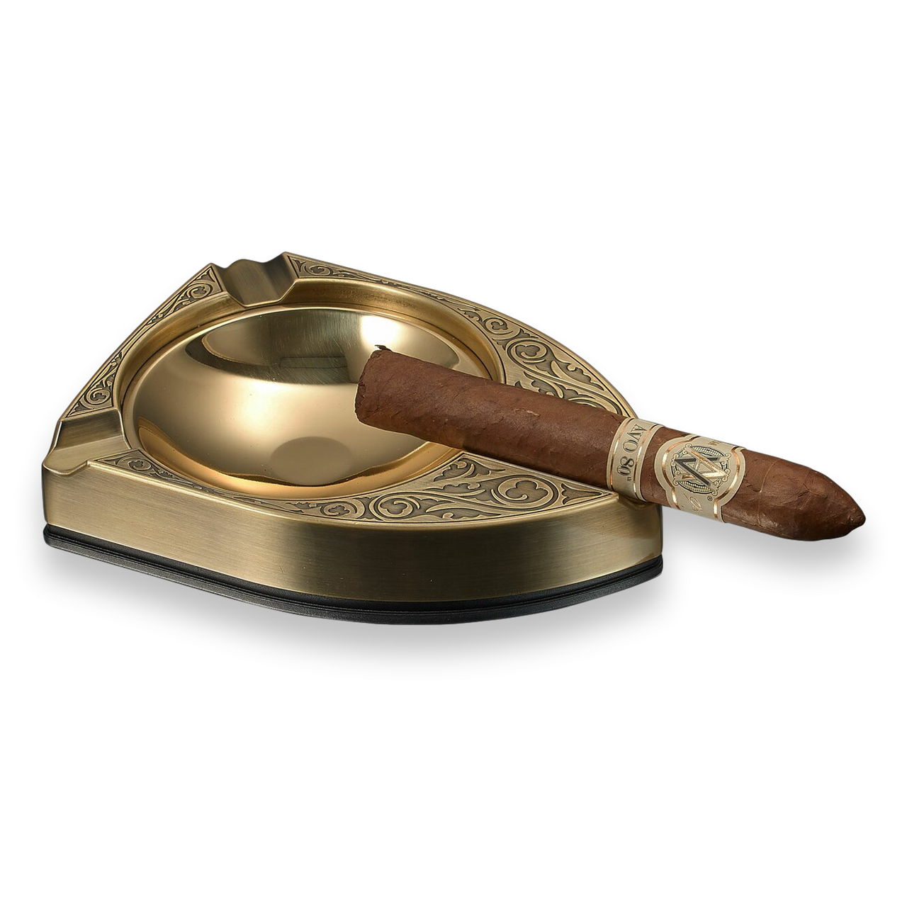 Visol Albion Metal 3-Cigar Ashtray - Matte Brass - Exterior Front with Cigar