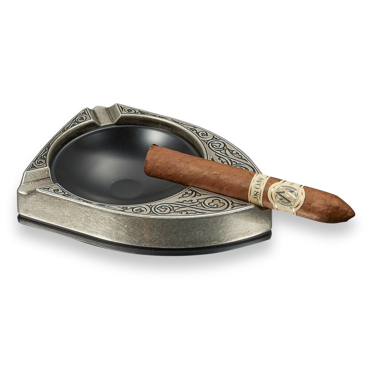 Visol Albion Metal 3-Cigar Ashtray - Matte Silver - Exterior Front with Cigar