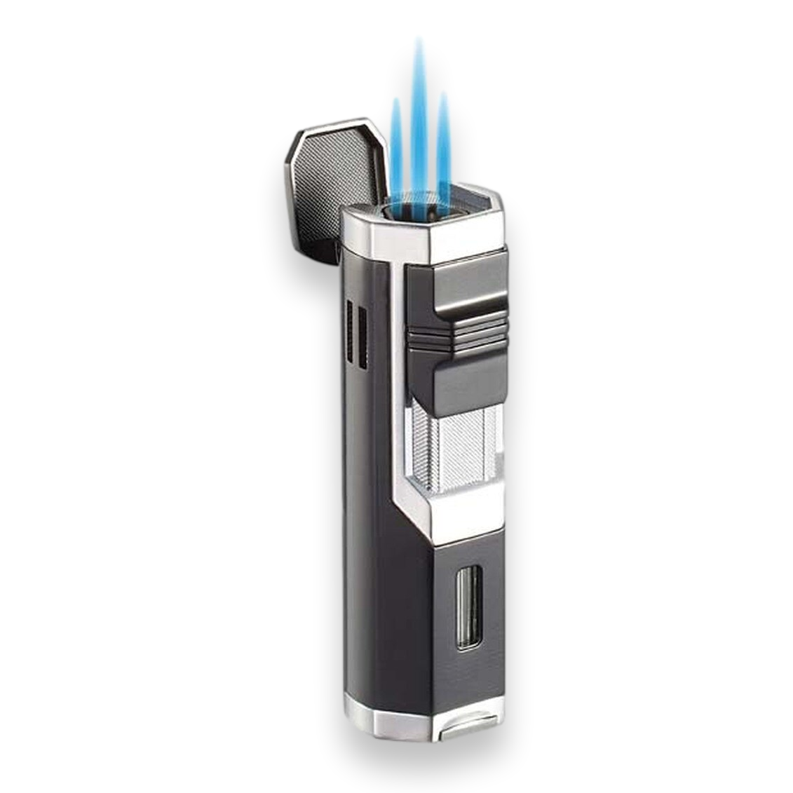 Visol Andes Torch Flame Triple Jet Cigar Lighter - Silver - Exterior Front with Flame