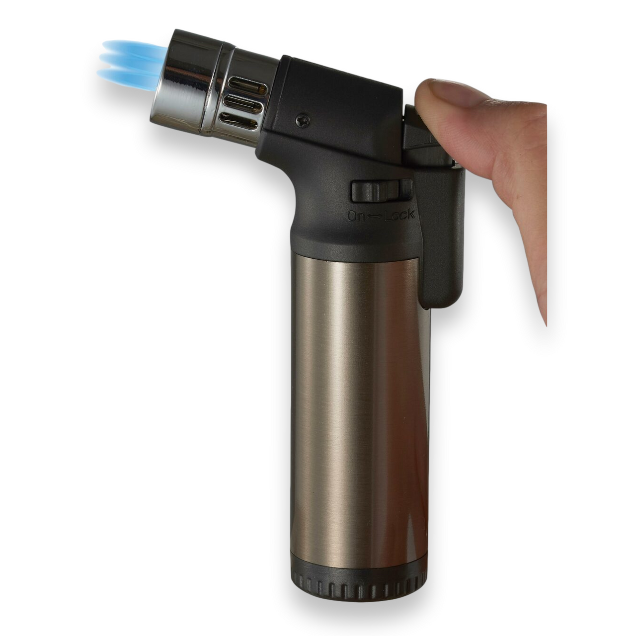 Visol Ares Torch Flame Quad Jet Cigar Lighter - Gunmetal - Exterior Front with Flame