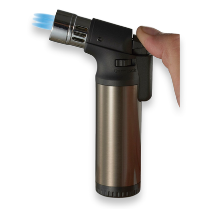 Visol Ares Torch Flame Quad Jet Cigar Lighter - Gunmetal - Exterior Front with Flame