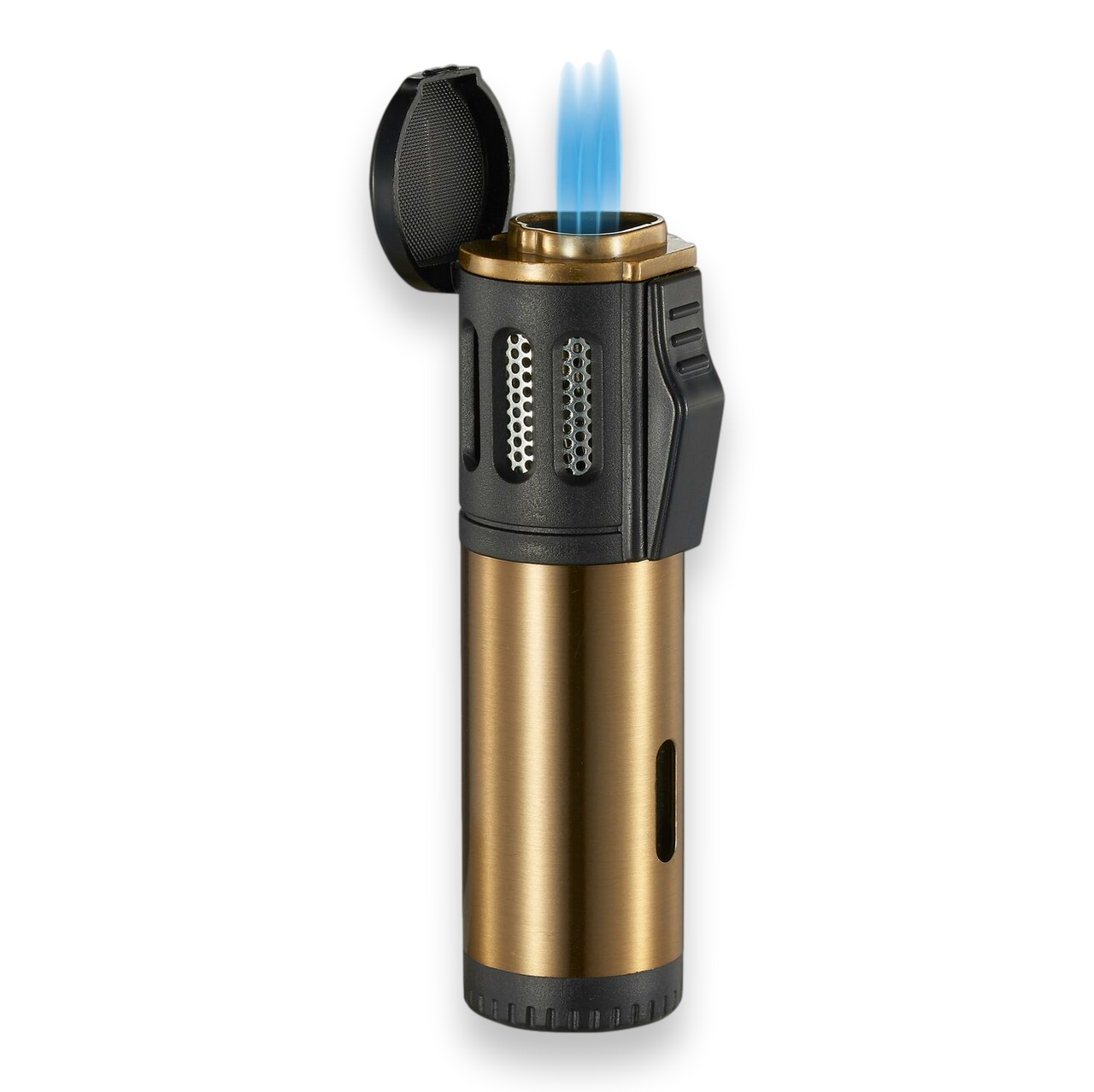 Visol Artemis Torch Flame Triple Jet Cigar Lighter - Brushed Gold - Exterior Front with Flame