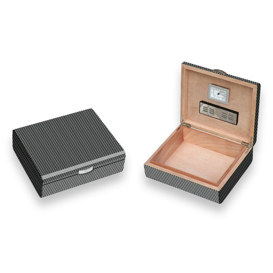 Visol Carbon Fiber Pattern 25-Cigar Desktop Humidor - Lacquered Small - Exterior Front