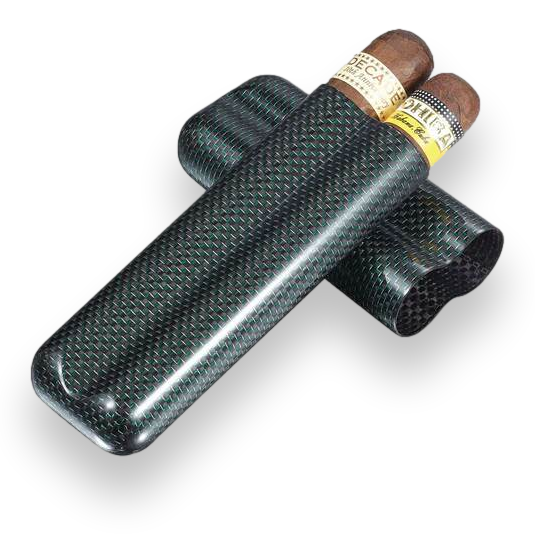 Visol Cartenium Carbon Fiber and Metal Cigar Case - 2 Finger - Exterior Front with Cigars