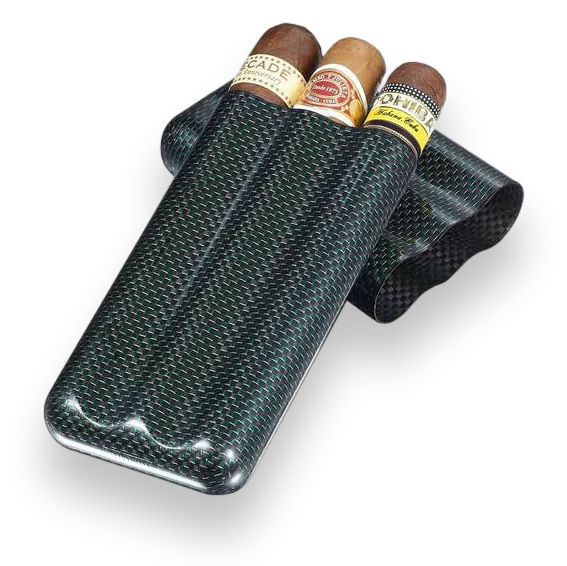 Visol Cartenium Carbon Fiber and Metal Cigar Case - 3 Finger - Exterior Front with Cigars
