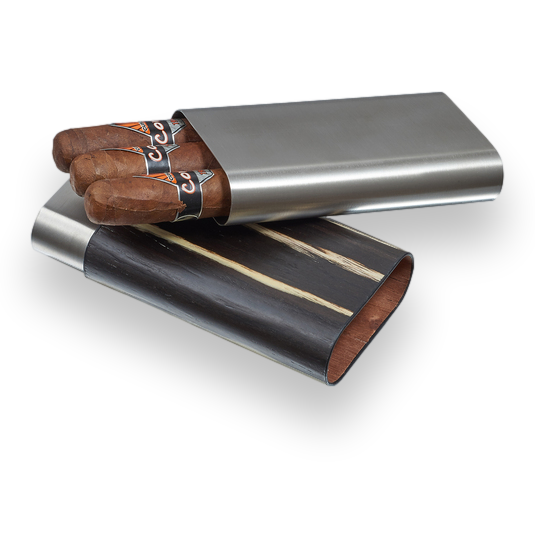 Visol Carver Wood and Metal 3-Finger Cigar Case - Ashburl and Stainless Steel - Exterior Front Open with Cigars