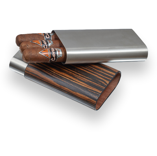 Visol Carver Wood and Metal 3-Finger Cigar Case - Ebony and Stainless Steel - Exterior Front Open with Cigars