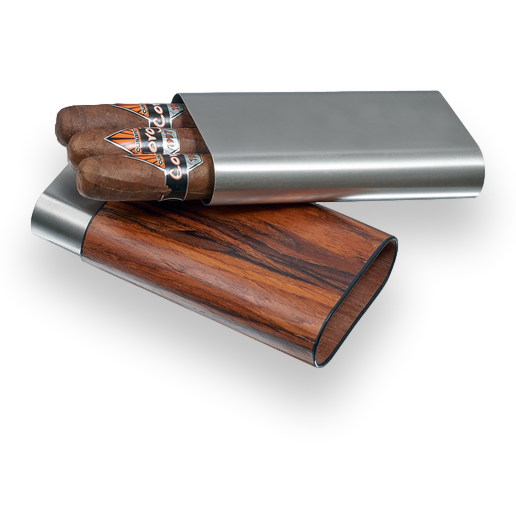 Visol Carver Wood and Metal 3-Finger Cigar Case - Natural Wood and Stainless Steel - Exterior Front Open with Cigars