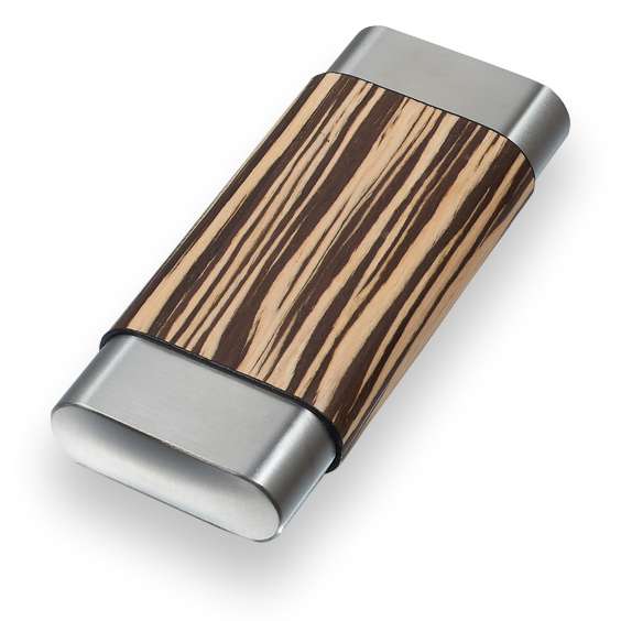 Visol Carver Wood and Metal 3-Finger Cigar Case - Zebrawood and Stainless Steel - Exterior Front