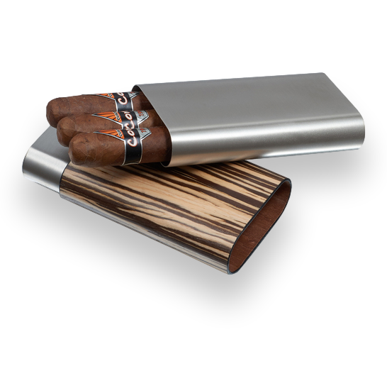 Visol Carver Wood and Metal 3-Finger Cigar Case - Zebrawood and Stainless Steel - Exterior Front Open with Cigars