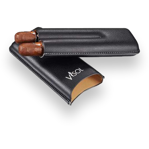 Visol Dakota Black Leatherette Cigar Case - 2-Finger - Exterior Front Open