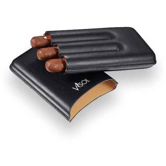 Visol Dakota Black Leatherette Cigar Case - 3-Finger - Exterior Front Open