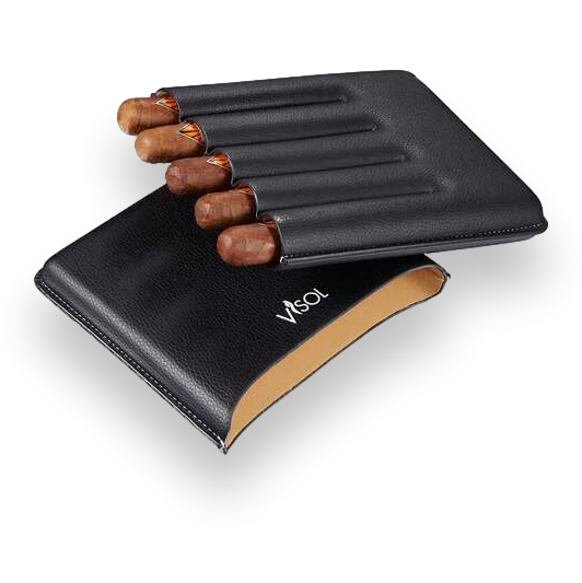 Visol Dakota Black Leatherette Cigar Case - 5-Finger - Exterior Front Open