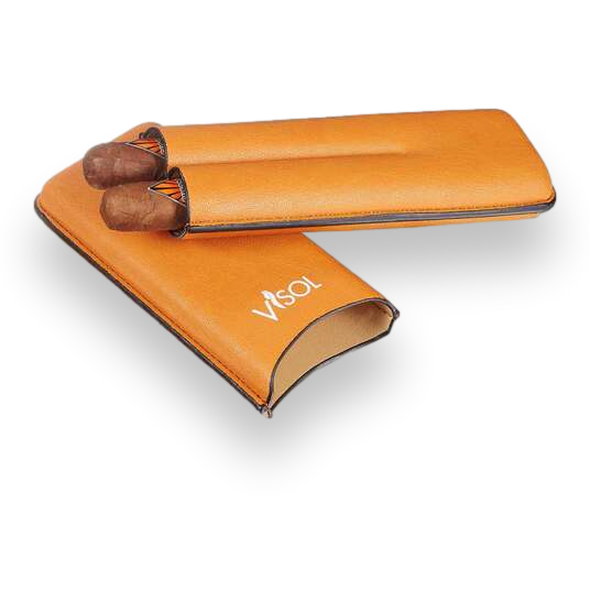 Visol Dakota Tan Leatherette Cigar Case - 2-Finger - Exterior Front Open