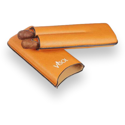 Visol Dakota Tan Leatherette Cigar Case - 2-Finger - Exterior Front Open
