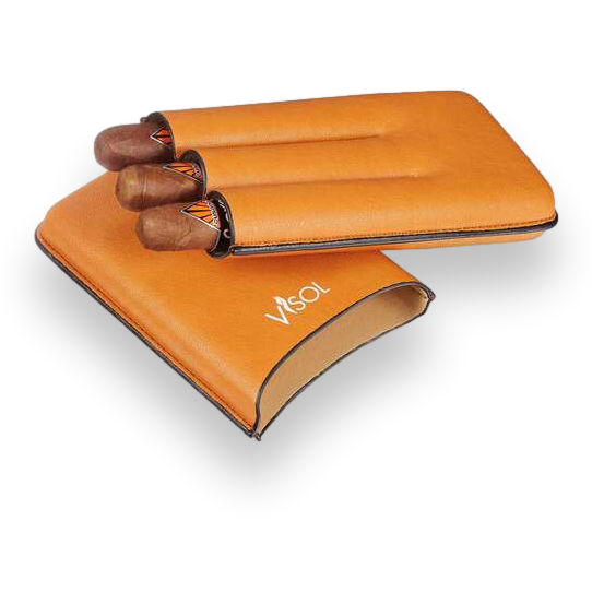 Visol Dakota Tan Leatherette Cigar Case - 3-Finger - Exterior Front Open