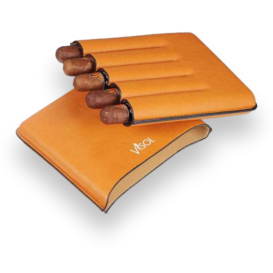 Visol Dakota Tan Leatherette Cigar Case - 5-Finger - Exterior Front Open