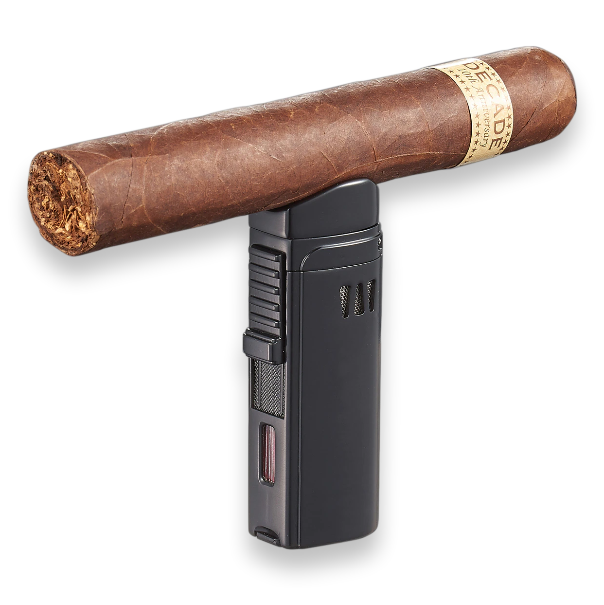 Visol Denali Torch Flame Triple Jet Cigar Lighter - Black - Exterior Front with Cigar