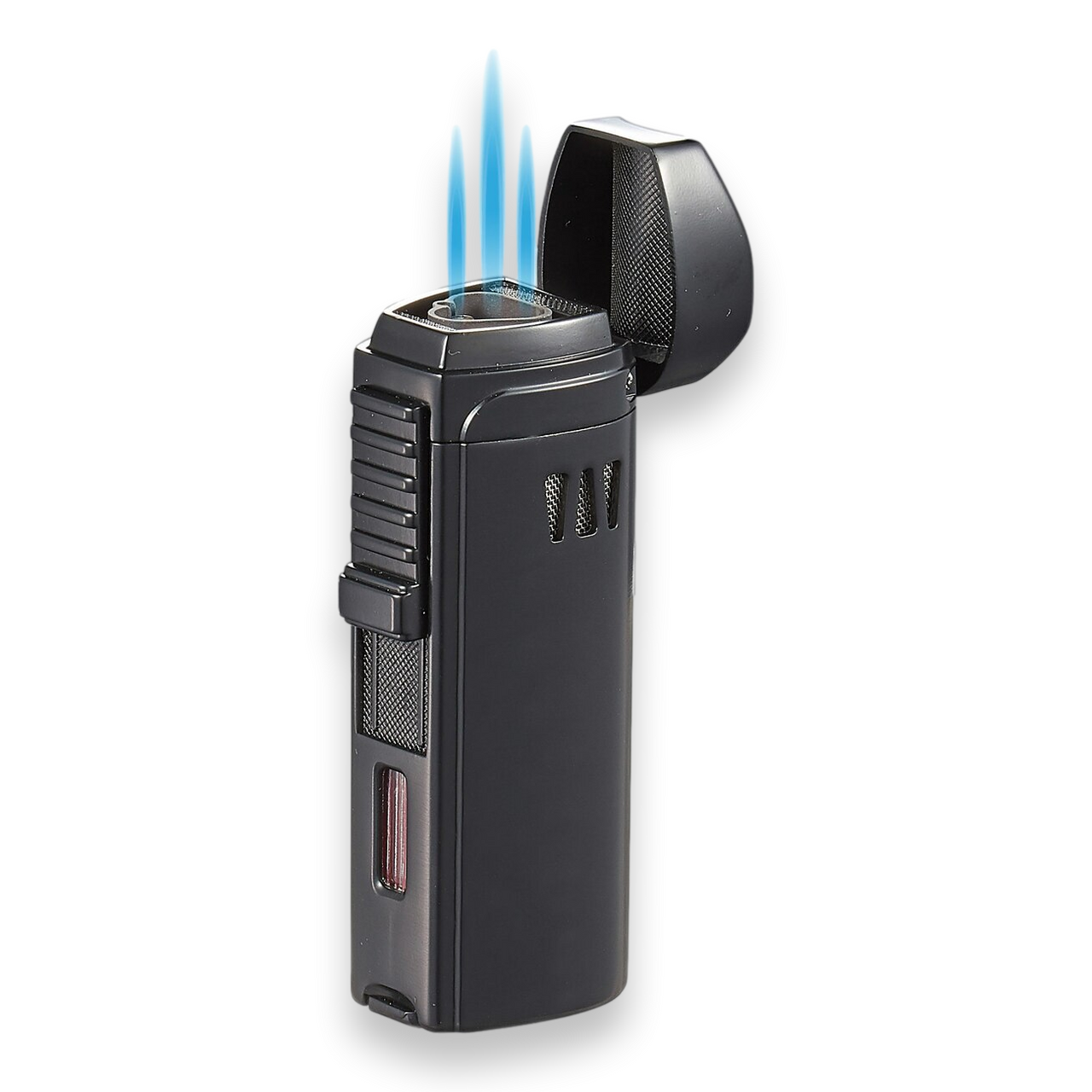 Visol Denali Torch Flame Triple Jet Cigar Lighter - Black - Exterior Front with Flame