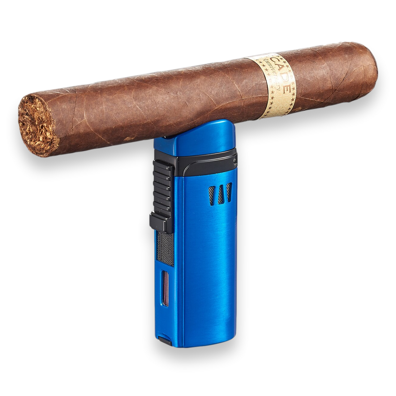 Visol Denali Torch Flame Triple Jet Cigar Lighter - Blue - Exterior Front with Cigar