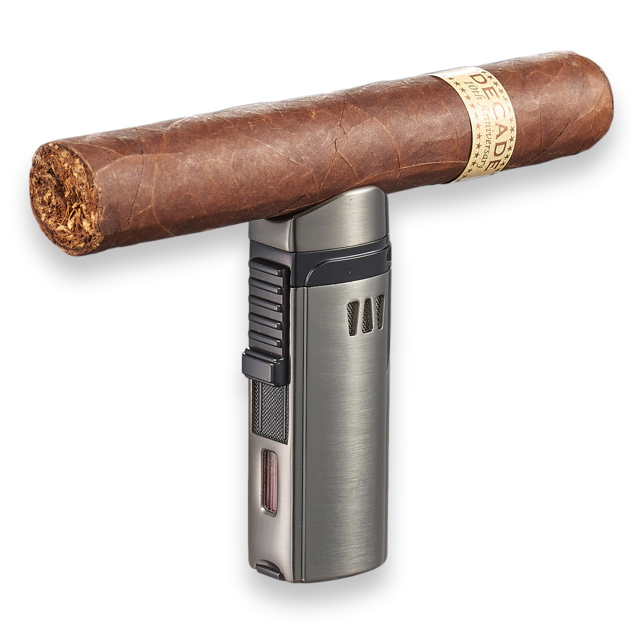 Visol Denali Torch Flame Triple Jet Cigar Lighter - Gunmetal - Exterior Front with Cigar