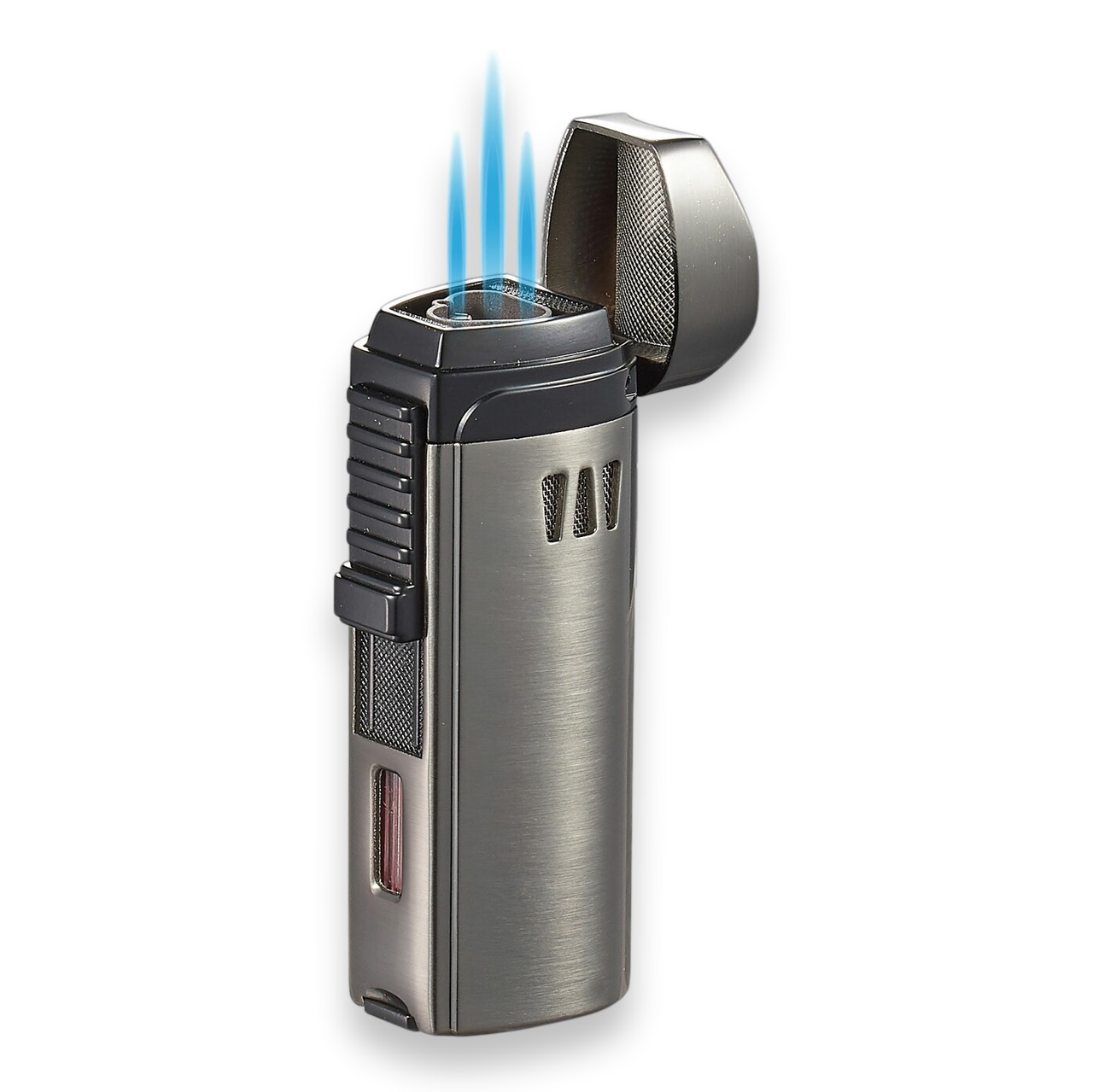 Visol Denali Torch Flame Triple Jet Cigar Lighter - Gunmetal - Exterior Front with Flame