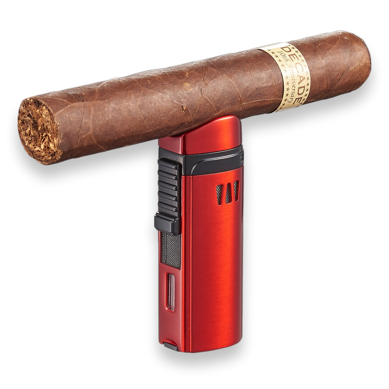 Visol Denali Torch Flame Triple Jet Cigar Lighter - Red - Exterior Front with Flame
