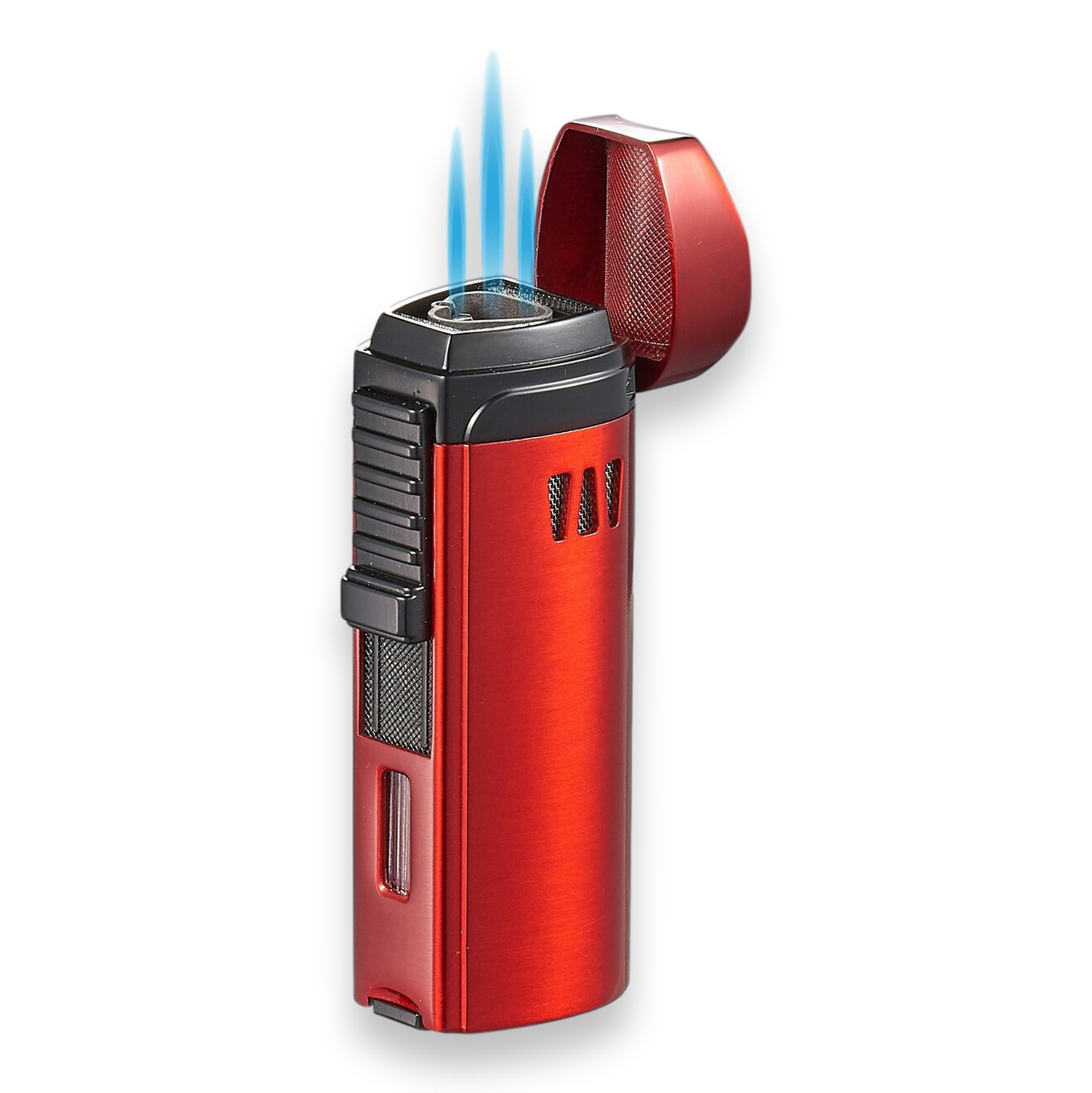 Visol Denali Torch Flame Triple Jet Cigar Lighter - Red - Exterior Front with Flame