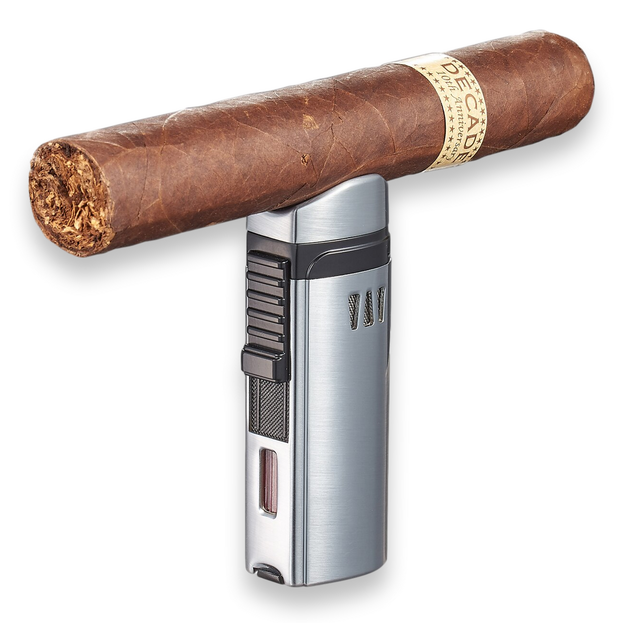 Visol Denali Torch Flame Triple Jet Cigar Lighter - Silver - Exterior Front with Cigar