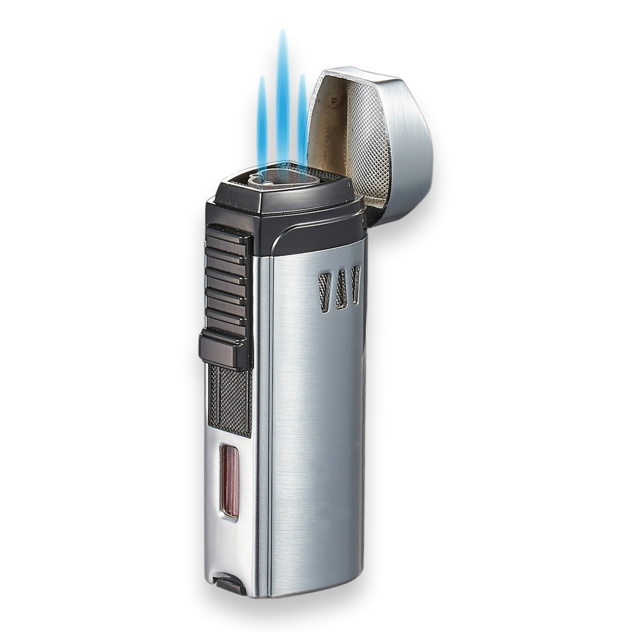 Visol Denali Torch Flame Triple Jet Cigar Lighter - Silver - Exterior Front with Flame