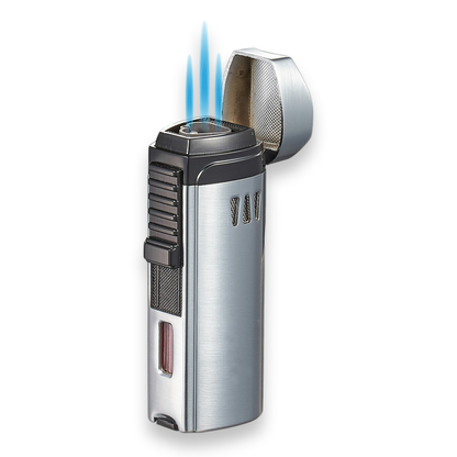 Visol Denali Torch Flame Triple Jet Cigar Lighter - Silver - Exterior Front with Flame