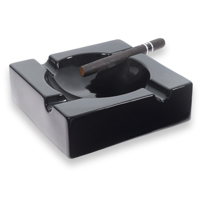 Visol Donovan Ceramic 4-Cigar Ashtray - For Patio Use - Black - Exterior Front with Cigar