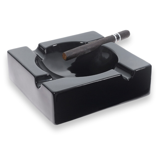 Visol Donovan Ceramic 4-Cigar Ashtray - For Patio Use - Black - Exterior Front with Cigar