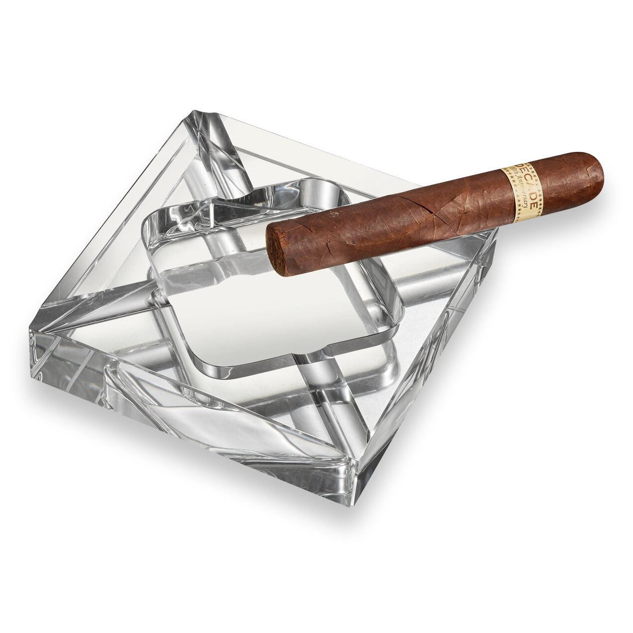 Visol Hyperion Square Crystal 4-Cigar Ashtray  - Exterior Front with Cigar
