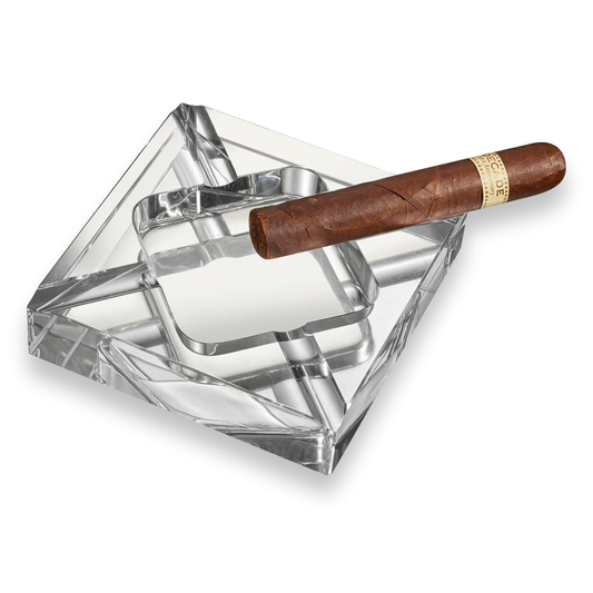 Visol Hyperion Square Crystal 4-Cigar Ashtray  - Exterior Front with Cigar